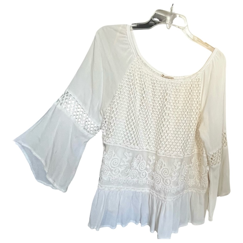 Democracy White double layer crocheted/Lace midriff elastic neck Boho Fairy top.